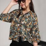 Women Boxy, Regular Fit Printed Lapel Collar Casual Shirt