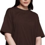 Women Solid Round Neck Cotton Blend Brown T-Shirt