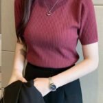 Women Self Design Round Neck Linen Blend Maroon T-Shirt