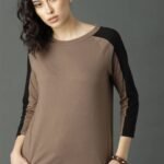 Women Colorblock Round Neck Cotton Blend Brown T-Shirt
