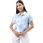 Latin Quarters Women Blue Cap Sleeve Shirt Collar Dyed Top