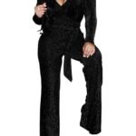 LightlyKiss Women V Neck High Split Long Sleeve Pant Jumpsuit Party Club Romper Dress